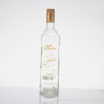 Botella de vodka de vidrio con tapa.